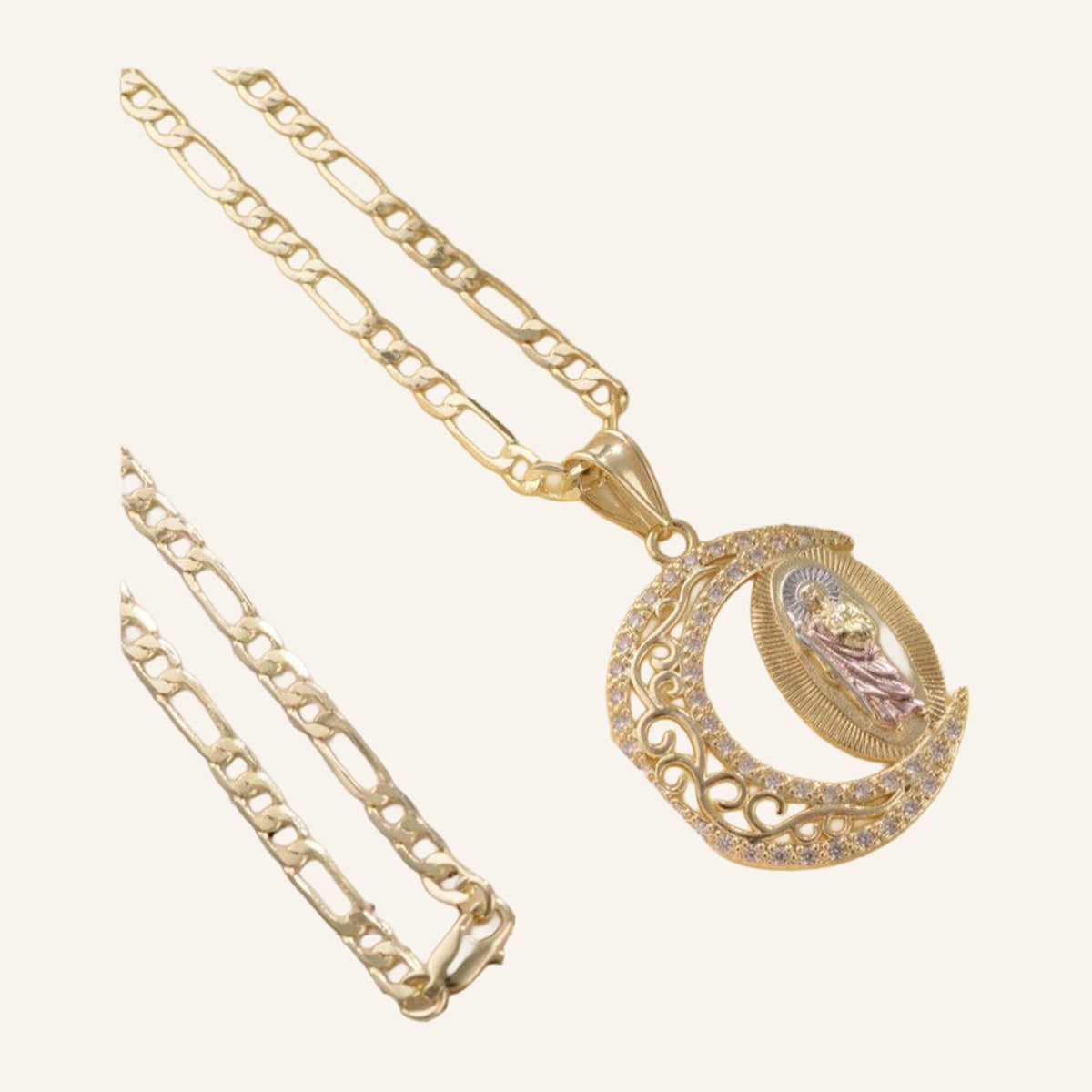 Openwork Medal Necklace – Crescent Frame, Fine Figaro Chain – 4