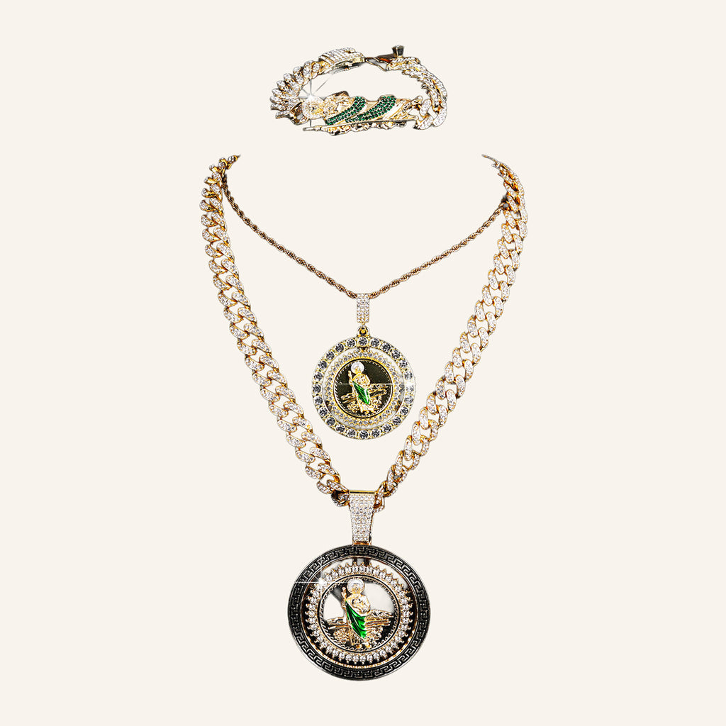 San Judas Tadeo Layered Set – Two Medals, Rope & CZ Cuban Chains, Bracelet