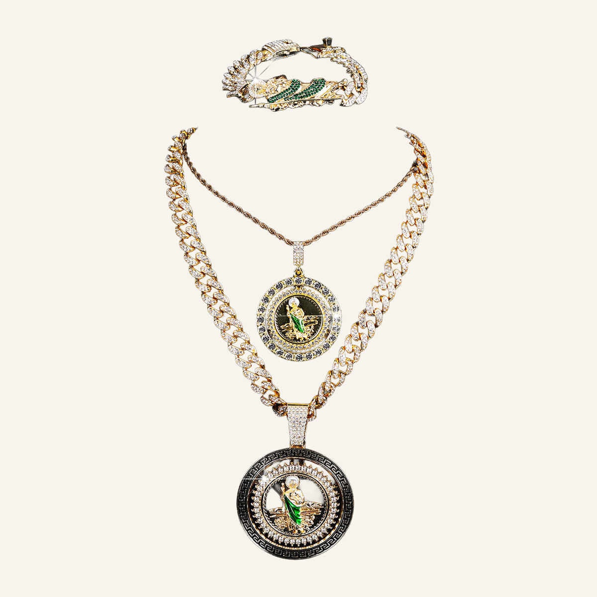 San Judas Tadeo Layered Set – Two Medals, Rope & CZ Cuban Chains, Bracelet