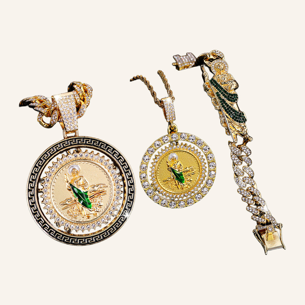 San Judas Tadeo Layered Set – Two Medals, Rope & CZ Cuban Chains, Bracelet – 4