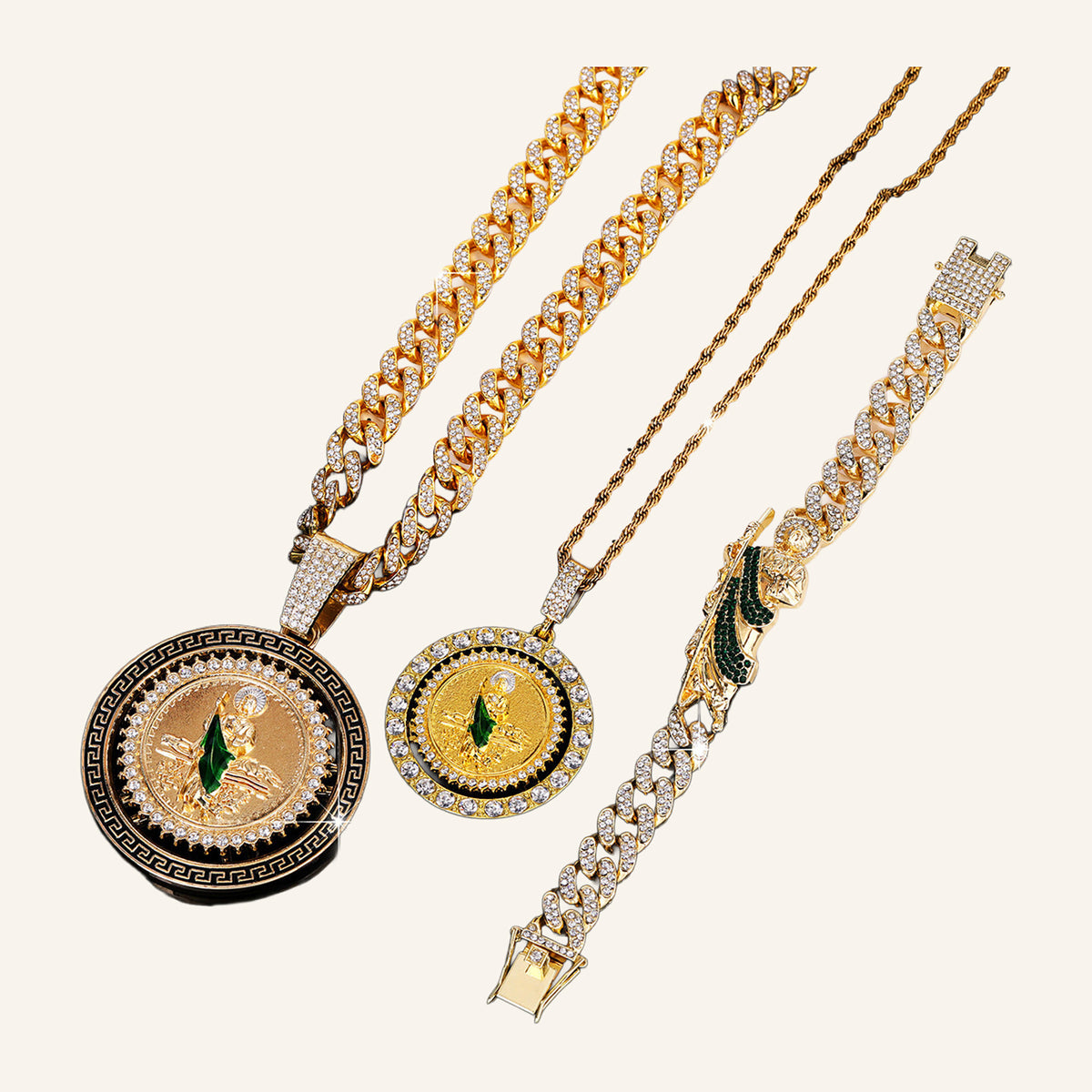 San Judas Tadeo Layered Set – Two Medals, Rope & CZ Cuban Chains, Bracelet – 3