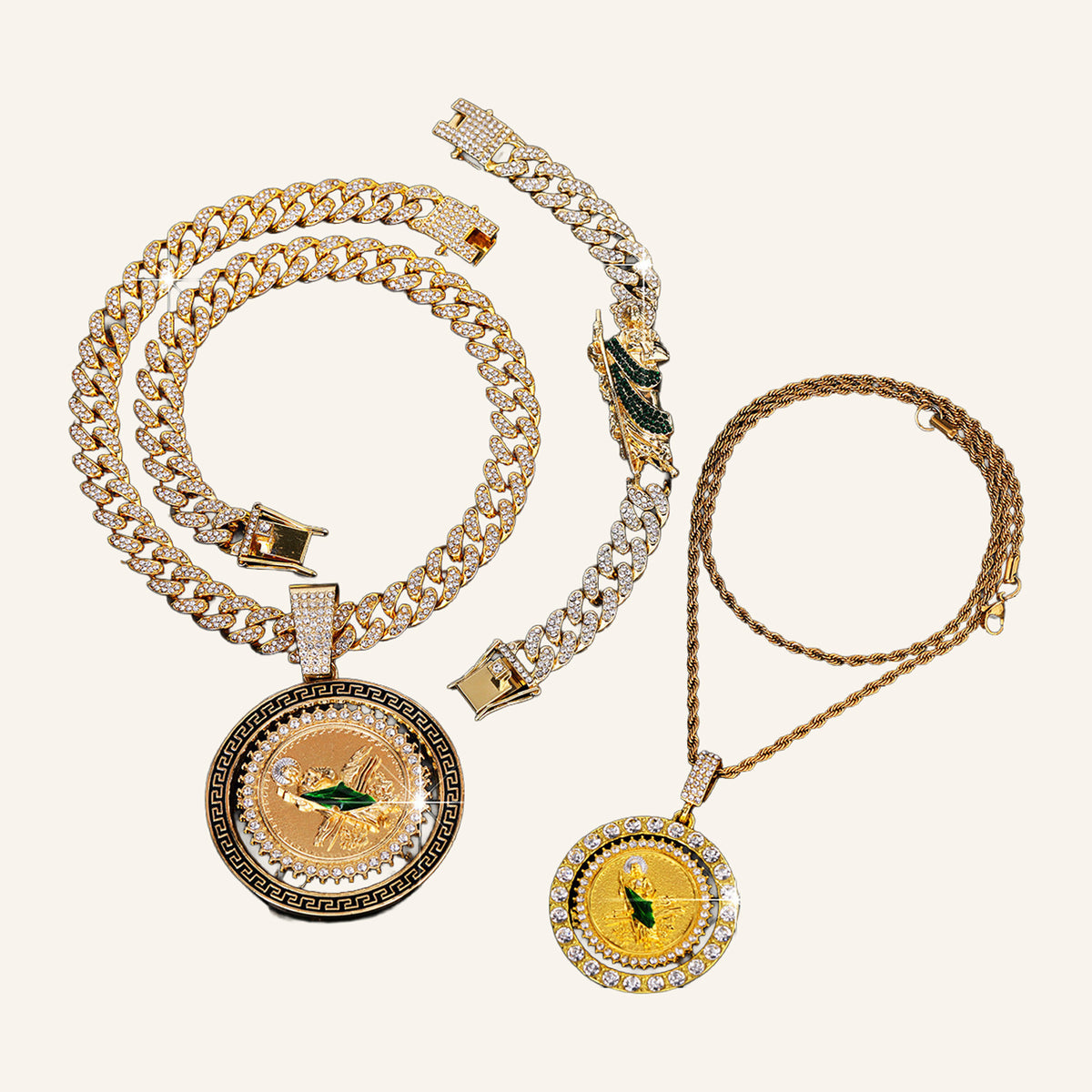 San Judas Tadeo Layered Set – Two Medals, Rope & CZ Cuban Chains, Bracelet – 2