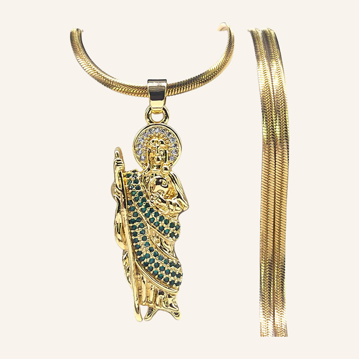 San Judas Tadeo Figure Necklace – Green CZ Robe, Snake Chain