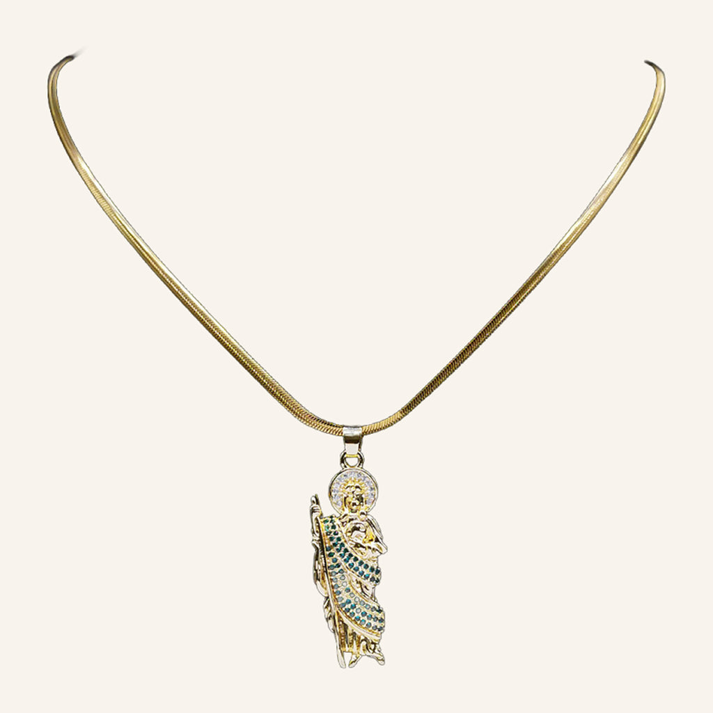 San Judas Tadeo Figure Necklace – Green CZ Robe, Snake Chain – 2