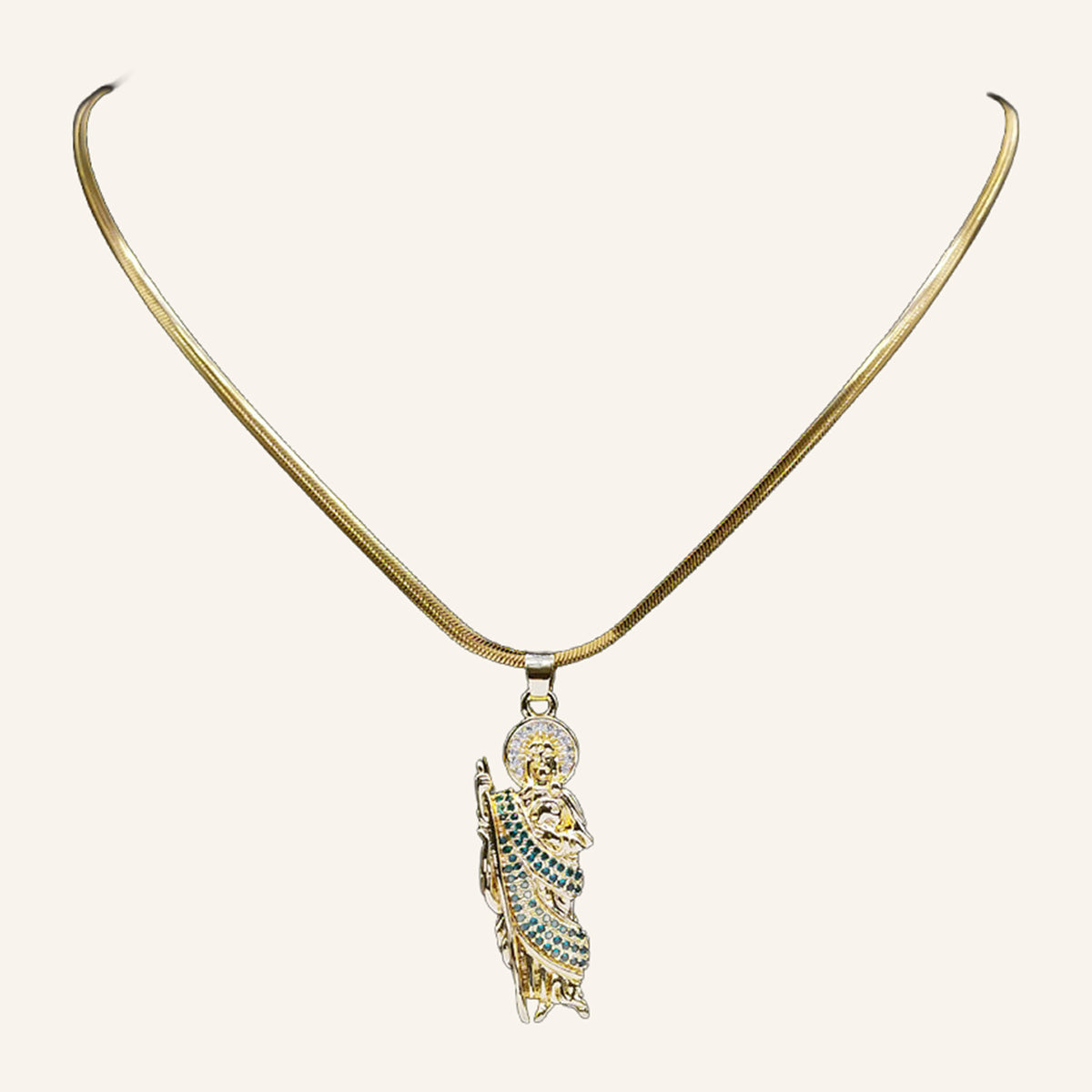 San Judas Tadeo Figure Necklace – Green CZ Robe, Snake Chain – 2