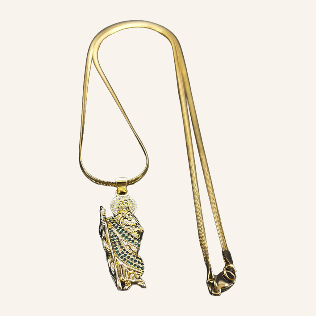San Judas Tadeo Figure Necklace – Green CZ Robe, Snake Chain – 3