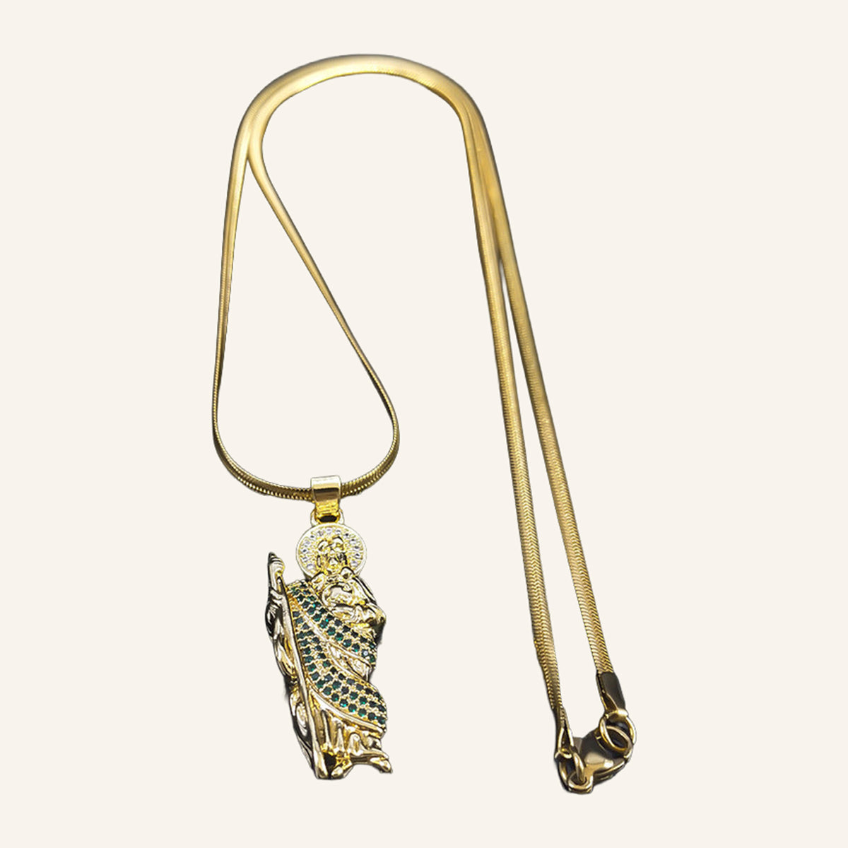San Judas Tadeo Figure Necklace – Green CZ Robe, Snake Chain – 3