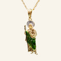 San Judas Tadeo standing figure necklace with green enamel robe on figaro chain