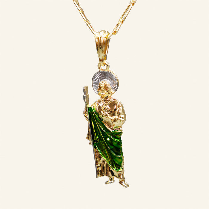 San Judas Tadeo standing figure necklace with green enamel robe on figaro chain