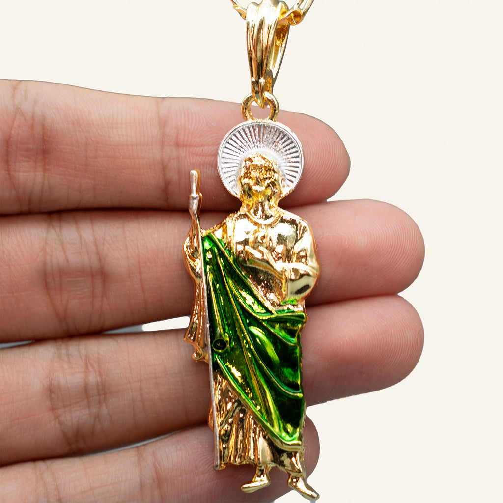 San Judas Tadeo standing figure pendant, front view in hand