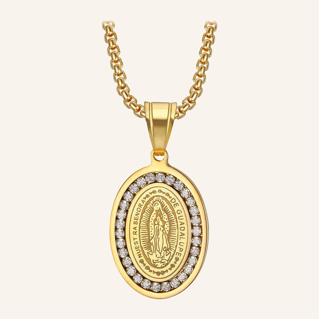 Virgen de Guadalupe Engraved Medal Necklace – CZ Ring, Box Chain
