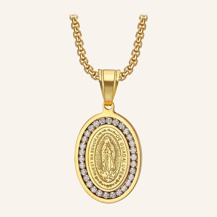 Virgen de Guadalupe Engraved Medal Necklace – CZ Ring, Box Chain