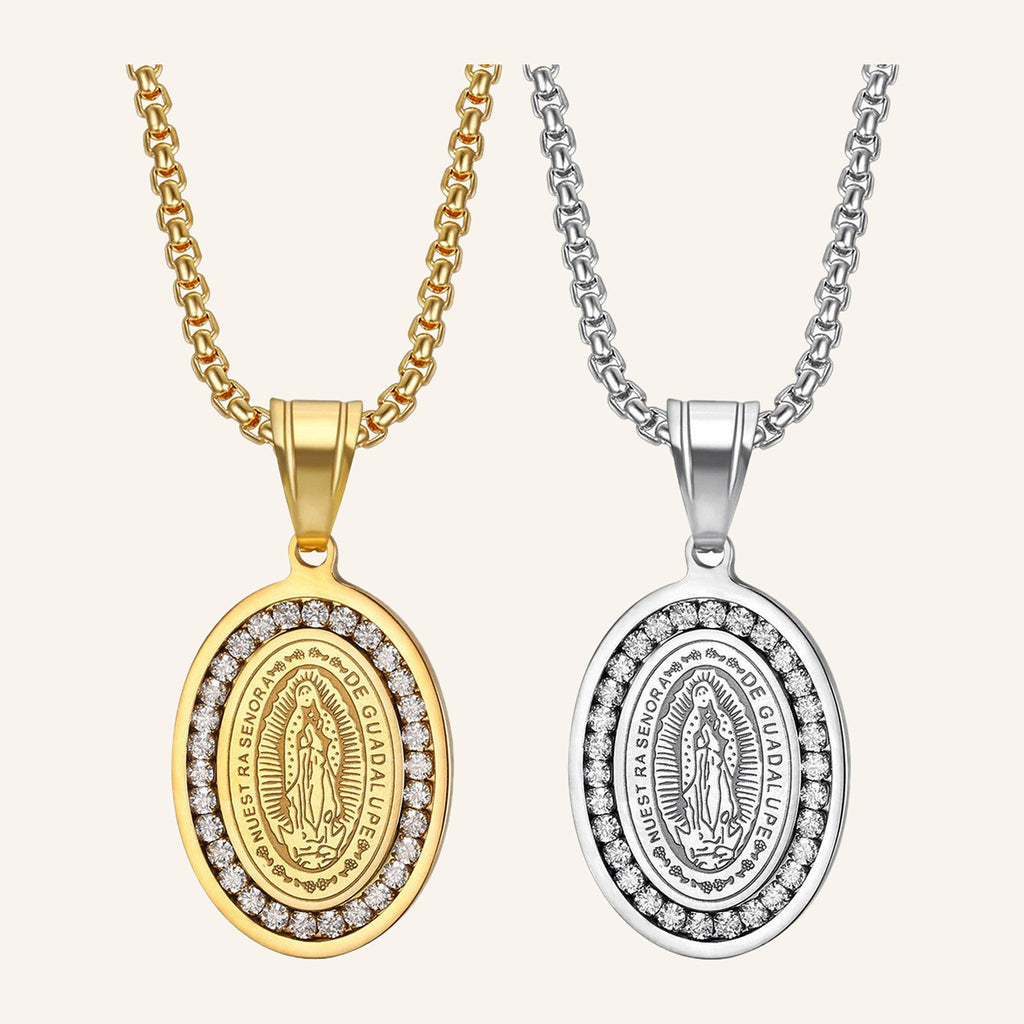 Virgen de Guadalupe Engraved Medal Necklace – CZ Ring, Box Chain – 3