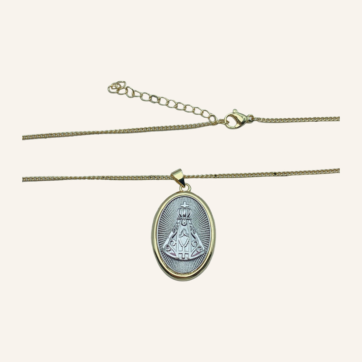 Virgen María Two-Tone Oval Medal Necklace – Silver Relief, Gold Rim