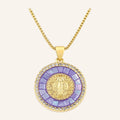 Virgen de Guadalupe Round Pendant – Violet Mosaic Halo, CZ Edge