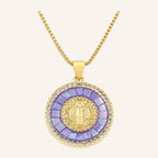Virgen de Guadalupe Round Pendant – Violet Mosaic Halo, CZ Edge