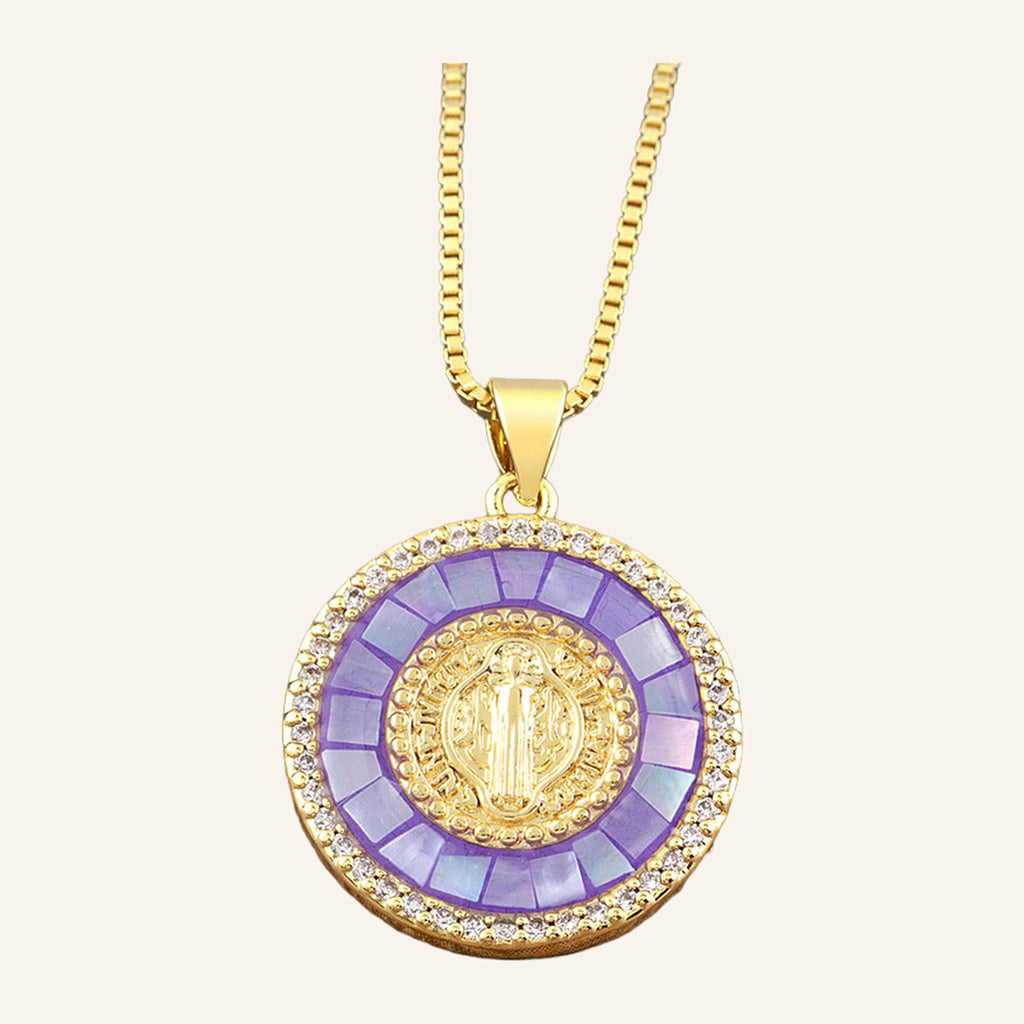 Virgen de Guadalupe Round Pendant – Violet Mosaic Halo, CZ Edge – 2