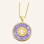 Virgen de Guadalupe Round Pendant – Violet Mosaic Halo, CZ Edge – 2