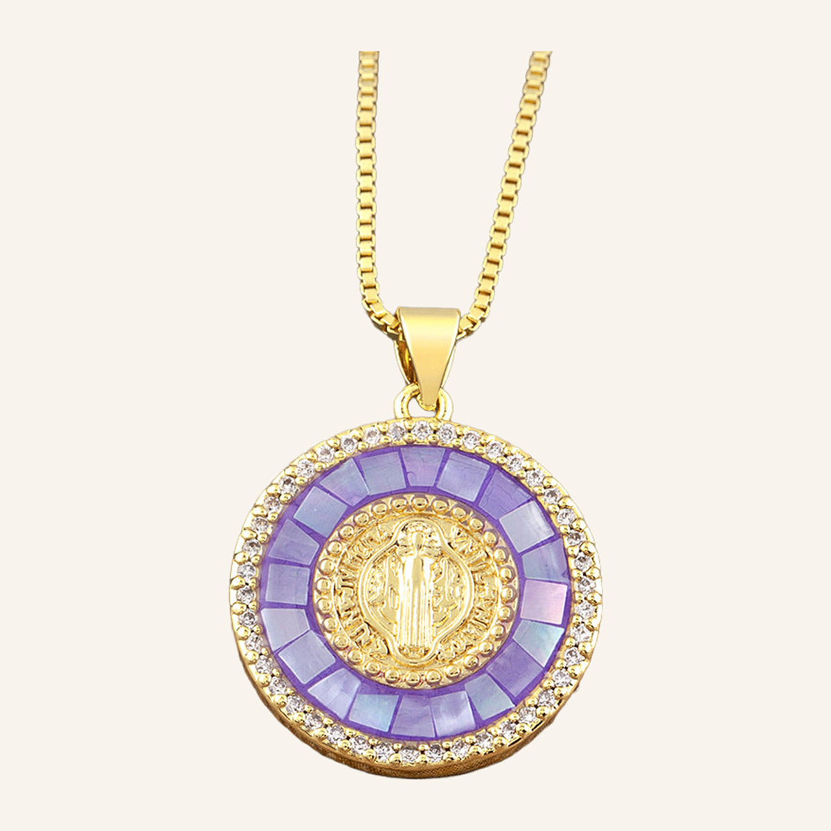 Virgen de Guadalupe Round Pendant – Violet Mosaic Halo, CZ Edge – 2