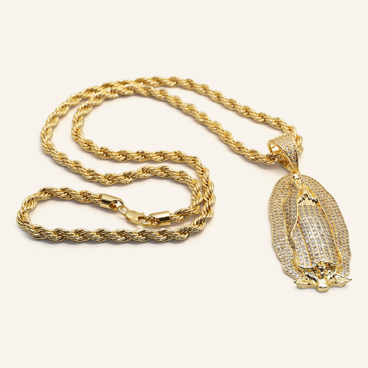 Cadena torzal completa con broche de langosta y dije de la Virgen de Guadalupe